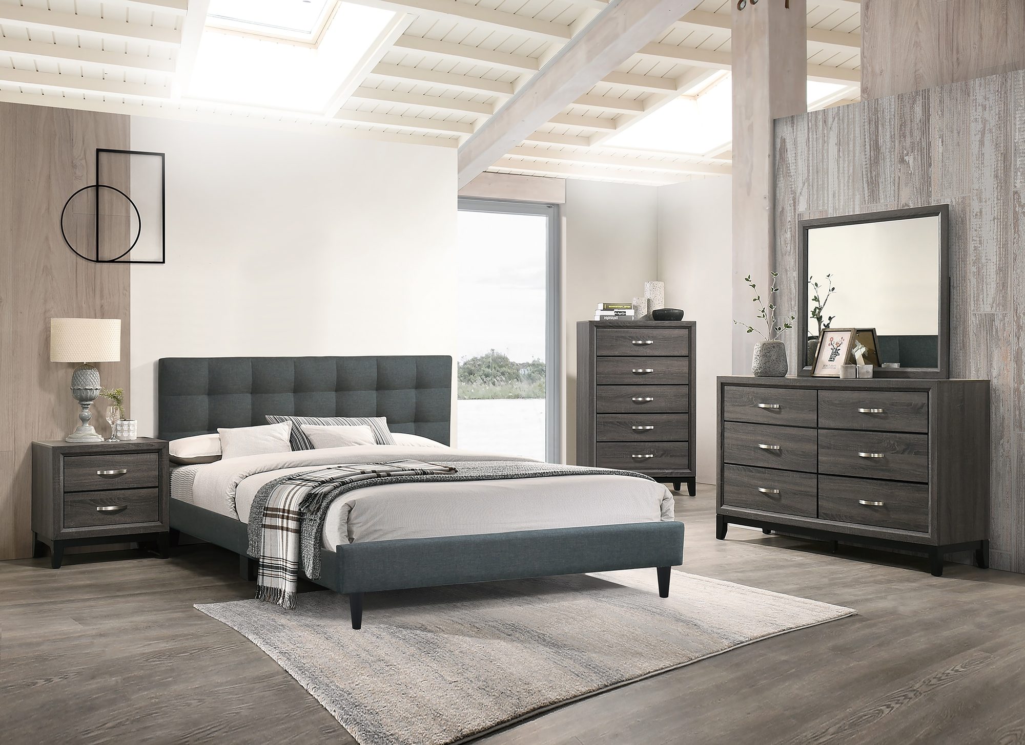 Upholstered bed made up with bedding