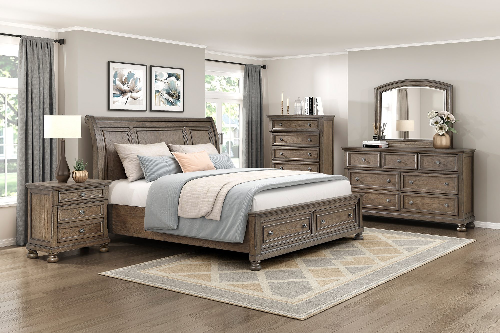 Bedroom set with storage bed, nightstands, dresser and mirror
