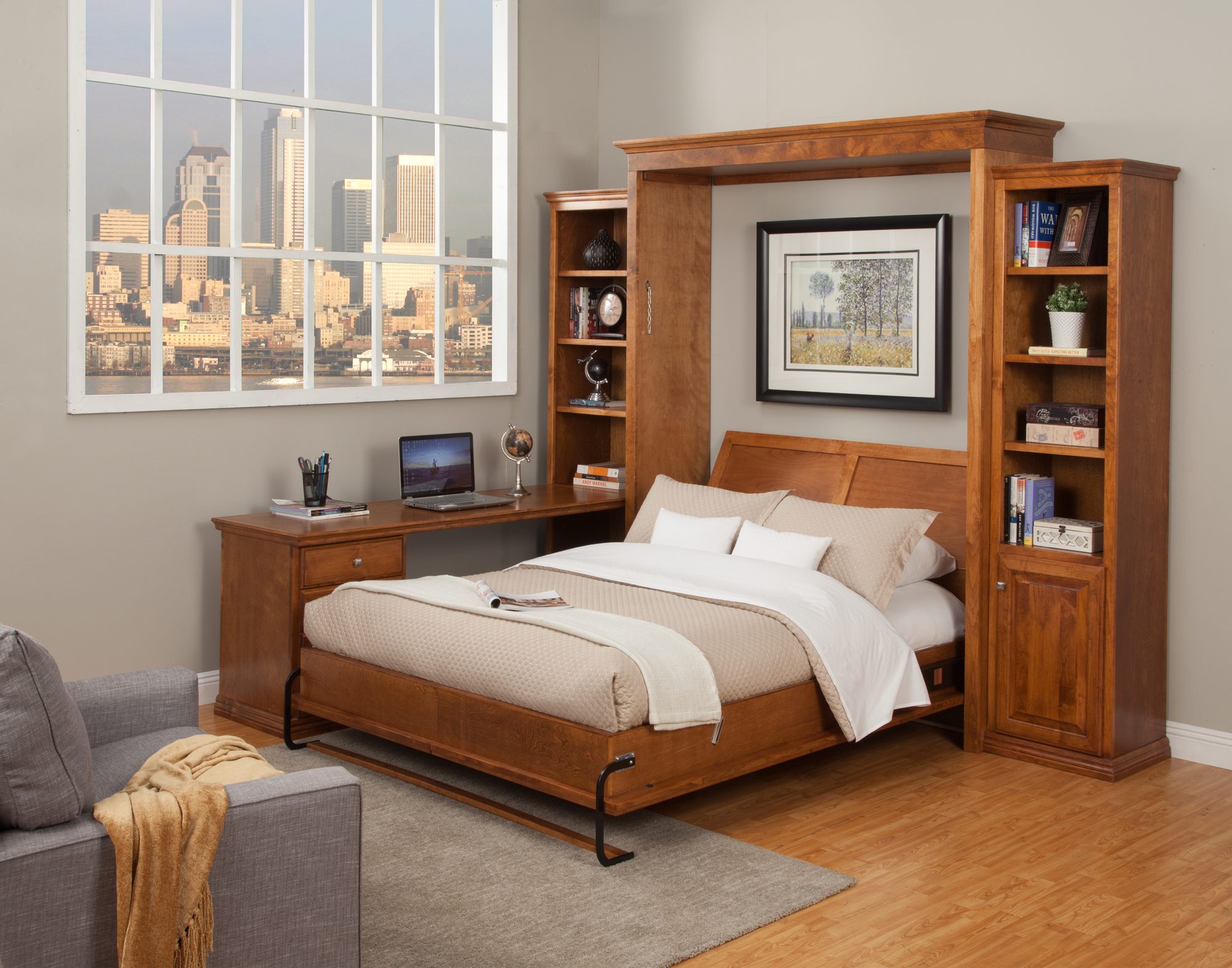 Wood wall bed cabinet with shelves