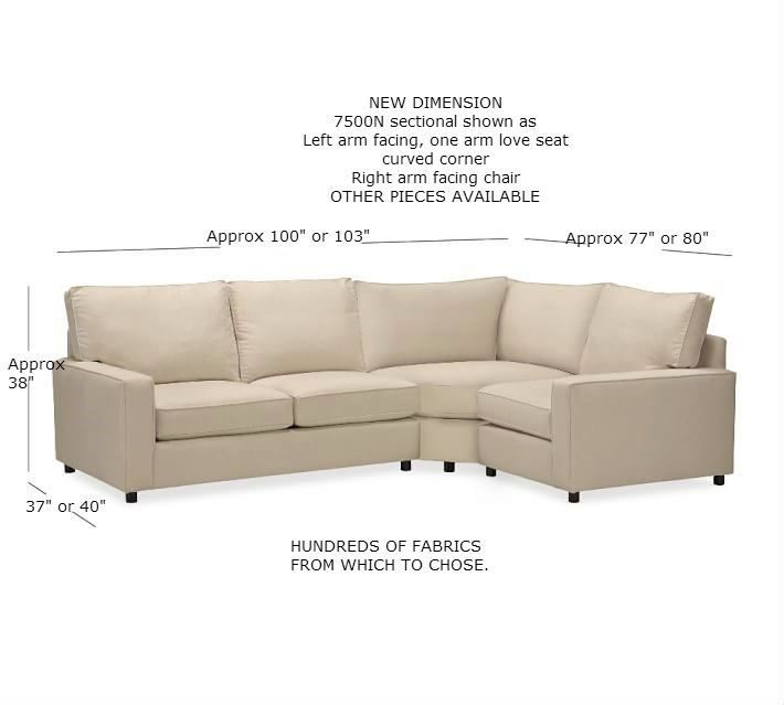 7500N one-arm love seat, curve and one-arm chair with measurements